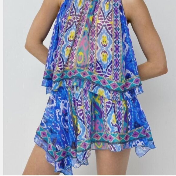 ZARA NWT Royal Blue/Multi Color Aztec Print Swing Asymmetric Mini Skirt Sz Small - Picture 1 of 13